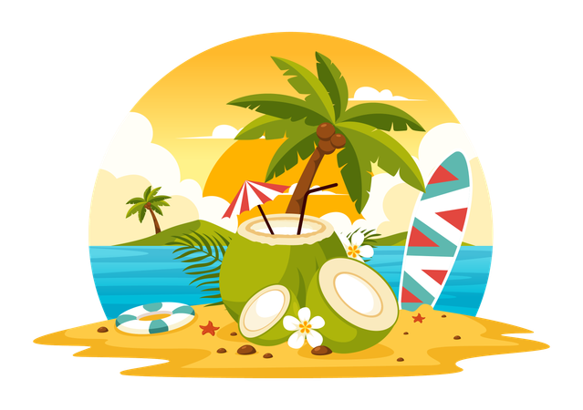 Beach drink with surfboard  Illustration