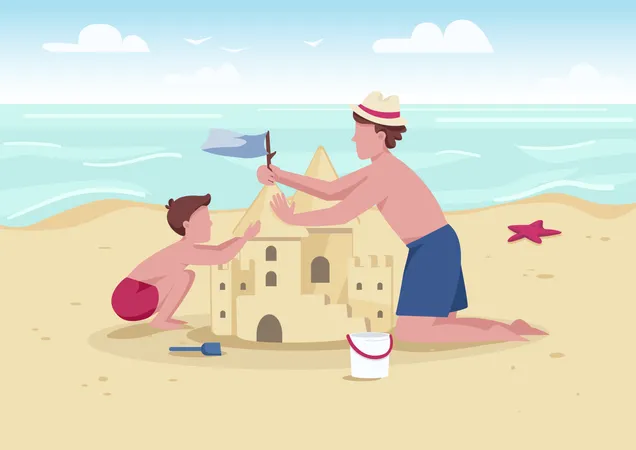 Beach Family Activity Flat Color Vector Illustration Parent And Kid Summer Entertainment Father And Son Building Sandcastle 2 D Cartoon Characters With Sand Beach And Sea On Background Illustration
