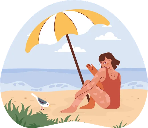 Beach girl sitting at beach under beach umbrella  イラスト