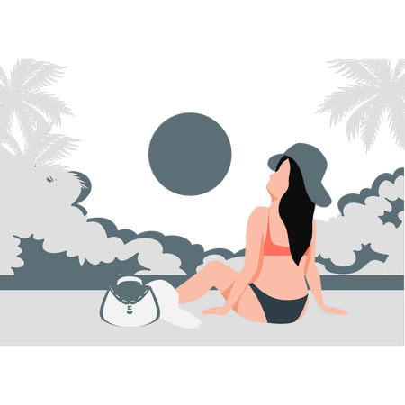 暑さの中でビーチに座るビーチガール  イラスト