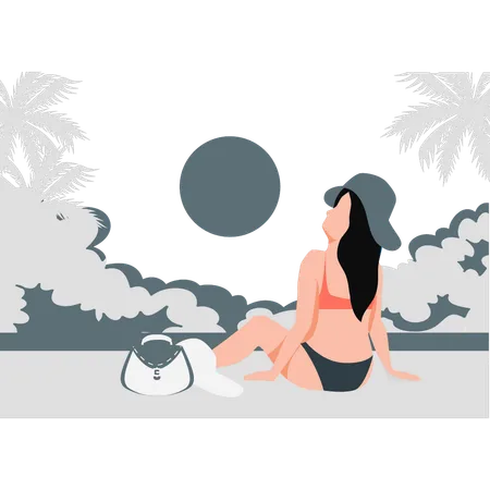 Beach girl sitting beach in heat  Illustration