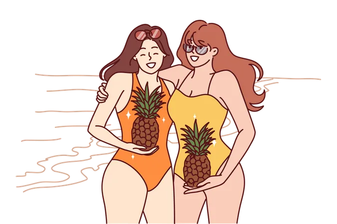 Beach girls holding pineapple  Illustration