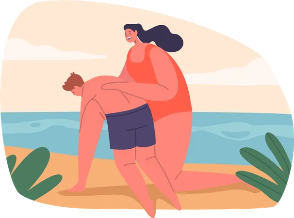 Beach Guard Female Character Providing Crucial First Aid To A Child Ensuring Immediate Medical Assistance And Safety In A Critical Situation On The Beach Cartoon People Vector Illustration Illustration