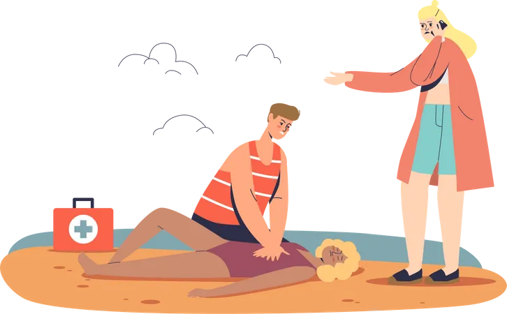 Beach lifeguard giving first aid to woman after drowning  Illustration