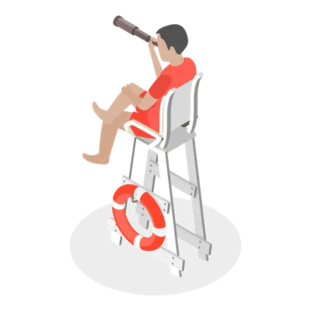 Beach lifeguard sitting on chair and scouting people  일러스트레이션