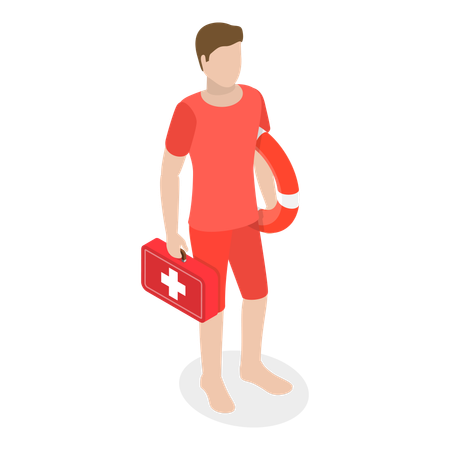Beach lifeguard standing with rescue kit  Illustration