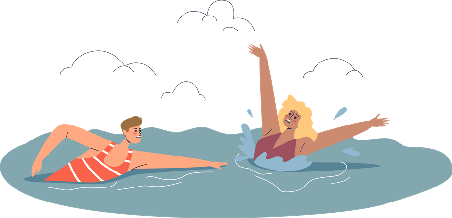Beach lifeguard swimming towards woman drowning in sea Illustration