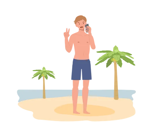 Beach man in swim suit and taking selfie with the beach background  Illustration