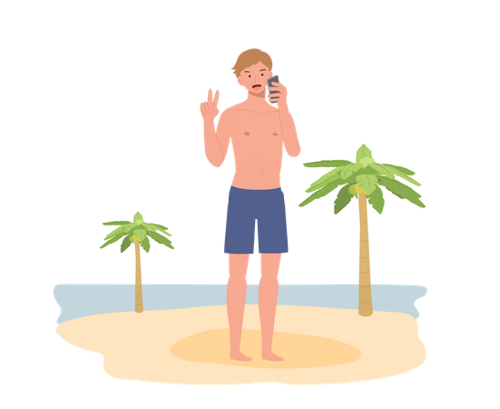 Beach man in swim suit and taking selfie with the beach background  Illustration