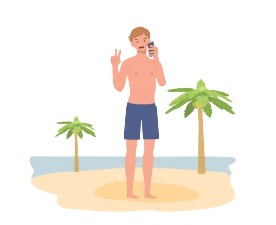 Summer Beach Vacation Theme A Happy Smiling Man In Swim Suit Selfie With The Beach Background Flat Vector Illustration 일러스트레이션