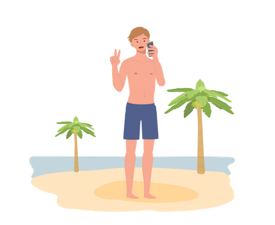 Beach man in swim suit and taking selfie with the beach background  Illustration