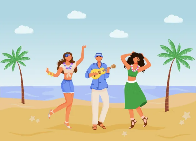 Beach Party Flat Color Vector Illustration Females In Summer Clothing Ethnic Celebration Standing Male Playing Ukulele 2 D Cartoon Characters With Seabeach And Palms On Background Illustration