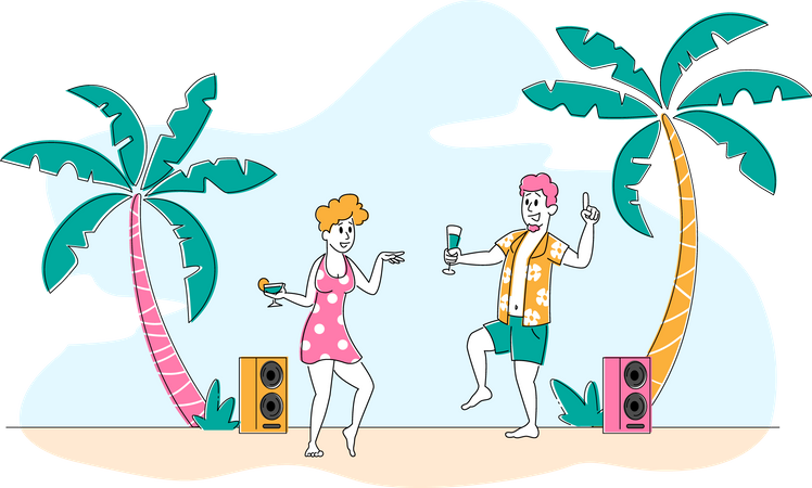 Beach Party on Exotic Tropical Resort Illustration