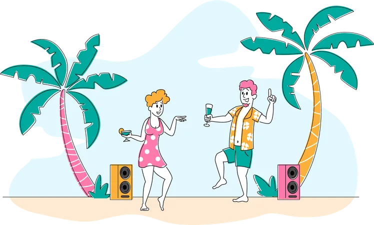 Beach Party on Exotic Tropical Resort Illustration
