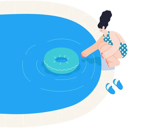 Beach Resort Activities Modern Outlined Flat Vector Concept Illustration Of People Relaxing And Chilling Out Around The Swimmimg Pool Sunbathing Young Woman On The Nosing Wearing Bikini Rubber Ring Illustration