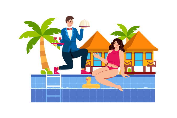 Beach resort staff serving cocktails and snacks by the pool  Illustration