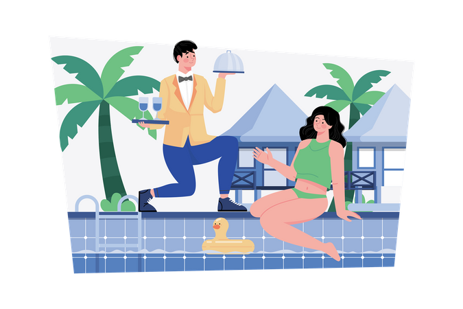 Beach resort staff serving cocktails and snacks by the pool  Illustration