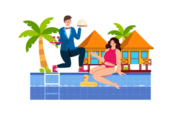 Beach resort staff serving cocktails and snacks by the pool  Illustration