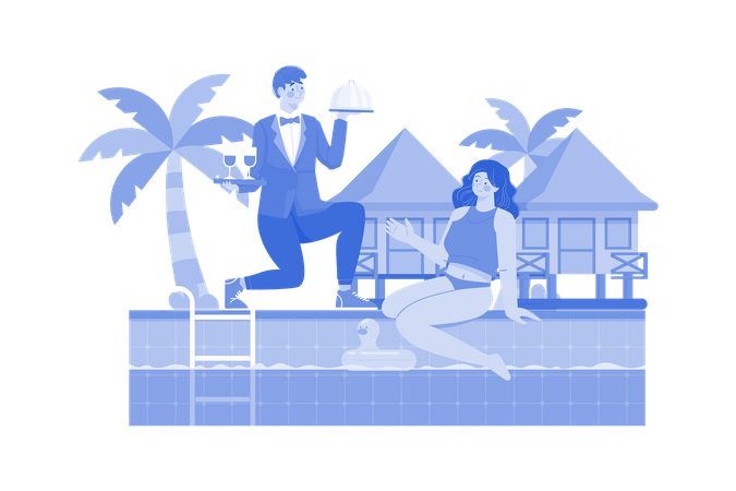 Beach resort staff serving poolside drinks  Illustration
