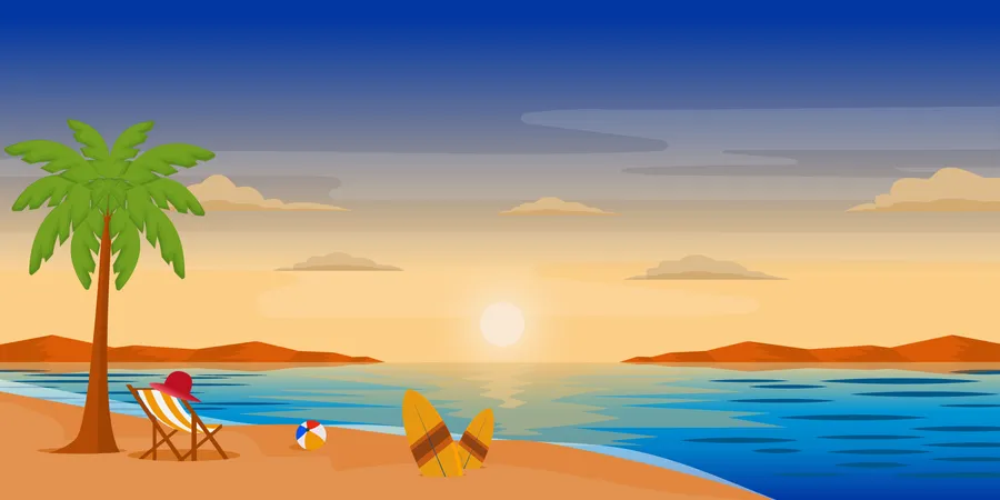 Beautiful Beach Sunset Flat Background Vector Illustration