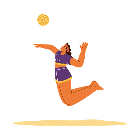 Beach volleyball player girl hits a ball while jumping on the sand  Illustration