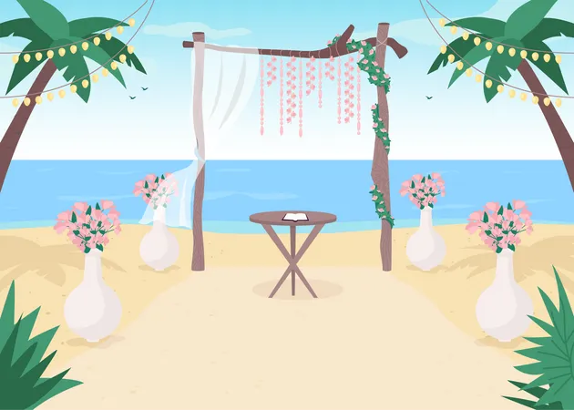 Beach Wedding Flat Color Vector Illustration Floral Archway Gate With Flowers For Matrimony Service Tropical Arrangement Marriage Service 2 D Cartoon Landscape With Sea On Background Illustration