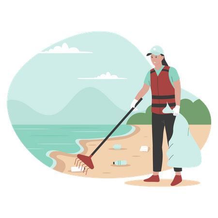 Beach workers clean up trash on beach  Illustration