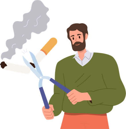 Beaded adult man cutting cigarette with scissors  Illustration