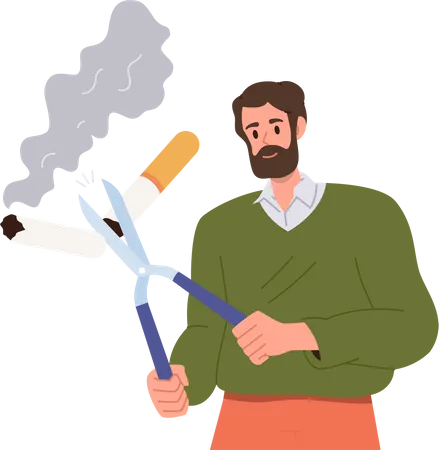 Beaded adult man cutting cigarette with scissors  Illustration