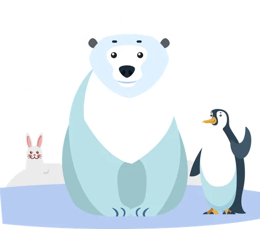 Hare And Polar Bear Penguin Waving Flippers Animals Of Arctic Regions Bunny And Bird Sitting On Ice Floe Snowfall And Wildlife Of North Pole Winter Fauna And Nature Vector In Flat Style 일러스트레이션