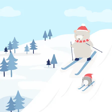 Bear and penguin skiing on the snow  Illustration