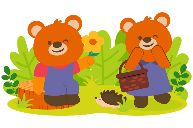 Bear couple with beautiful flower in park Illustration