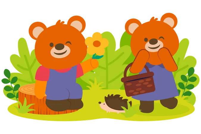 Lovely Bear Couple With Beautiful Flower In Park Animal Cartoon Character Vector Illustration Illustration