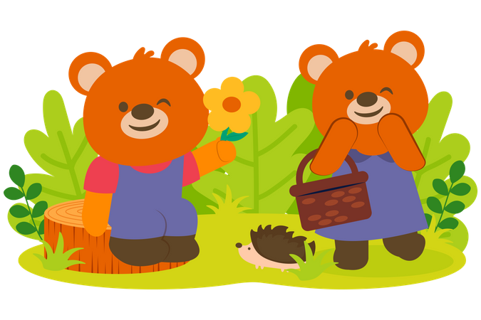 Bear couple with beautiful flower in park  Illustration