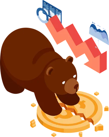 Flat 3 D Isometric Bear Destroy Dollar Coin With Falling Graph Bearish Stock Market And Financial Crisis Concept 일러스트레이션