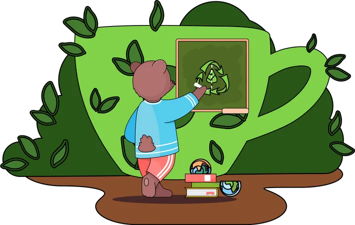 Bear draws a recycling symbol on the green board with big green cup and bush on the background  Illustration