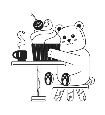 Bear Eating Ice Cream Black And White Cute Chill Lo Fi Wallpaper Animal Cuddling Cupcake Linear 2 D Vector Cartoon Character Illustration Monochrome Lofi Anime Background Bw 90 S Kawaii Aesthetic イラスト