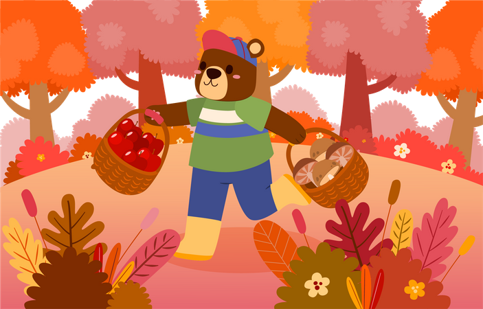Bear holding apple and mushroom in basket  Illustration