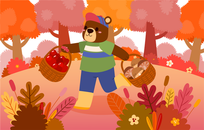 Bear holding apple and mushroom in basket  Illustration