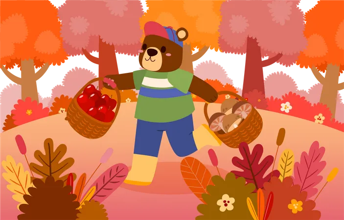 Bear holding apple and mushroom in basket  Illustration