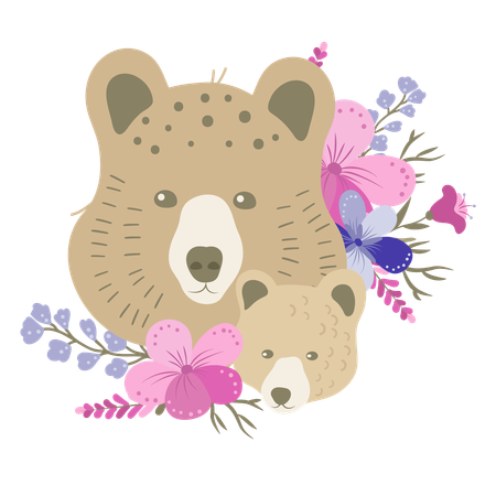 Bear mother and baby bear with flowers  Illustration