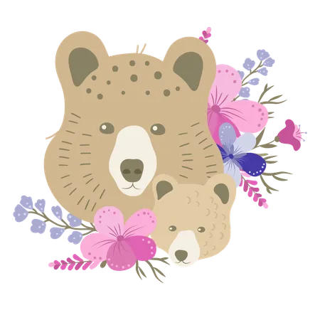 Bear mother and baby bear with flowers  Illustration