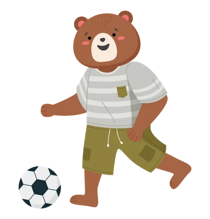 Cartoon Bear With Athletic Suit Kicking Playing Football Funny Animal Running With A Soccer Ball Sporty Bear Dressed In Shorts And T Shirt Uniform Plays An Active Game Isolated On White Background Illustration