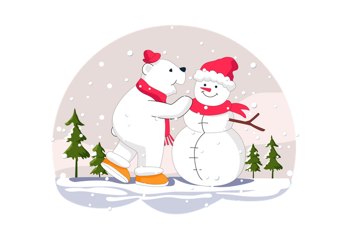 Bear standing with snowman Illustration