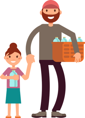 Beard man and son holding plastic bottle box  Illustration