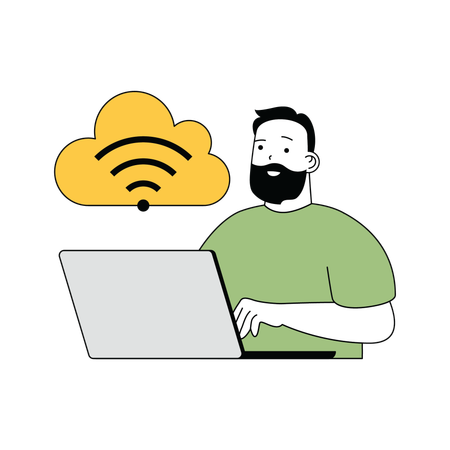 Beard man connecting wifi to cloud network  Illustration