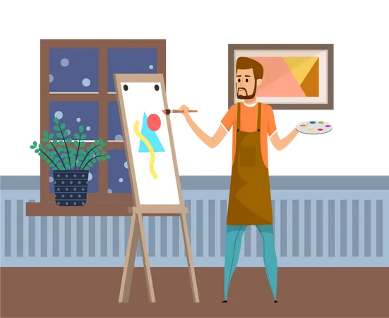 Beard man doing canvas painting Illustration