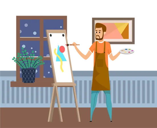 Beard man doing canvas painting  Illustration