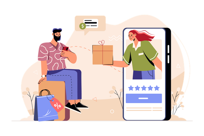 Beard man doing online shopping  Illustration