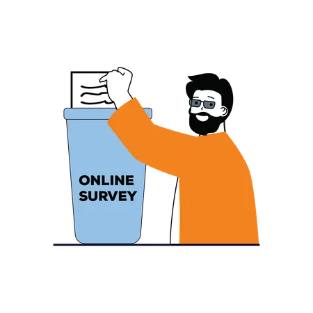 Beard man dropping survey form in online survey bucket  Illustration